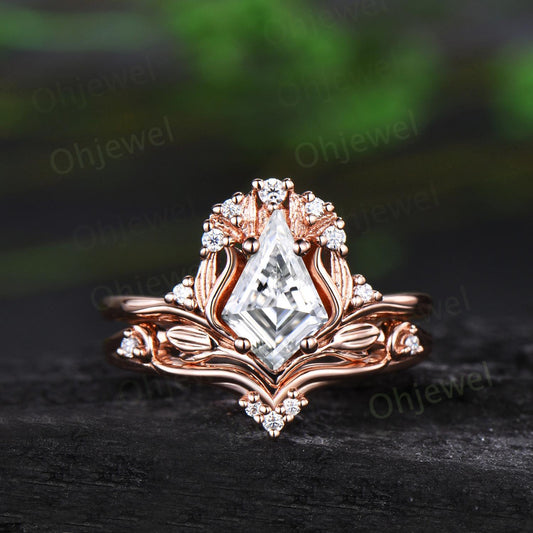 Kite cut moissanite leaf engagement ring set stacking cluster nature inspired diamond promise wedding ring women 14k rose gold gift