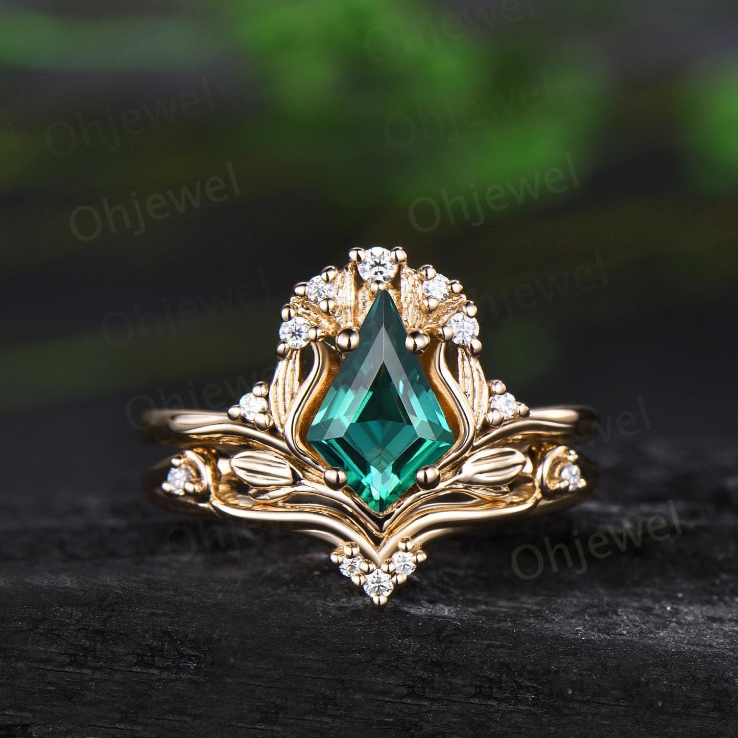 Kite cut emerald leaf engagement ring set stacking cluster nature inspired diamond promise wedding ring women 14k yellow gold gift