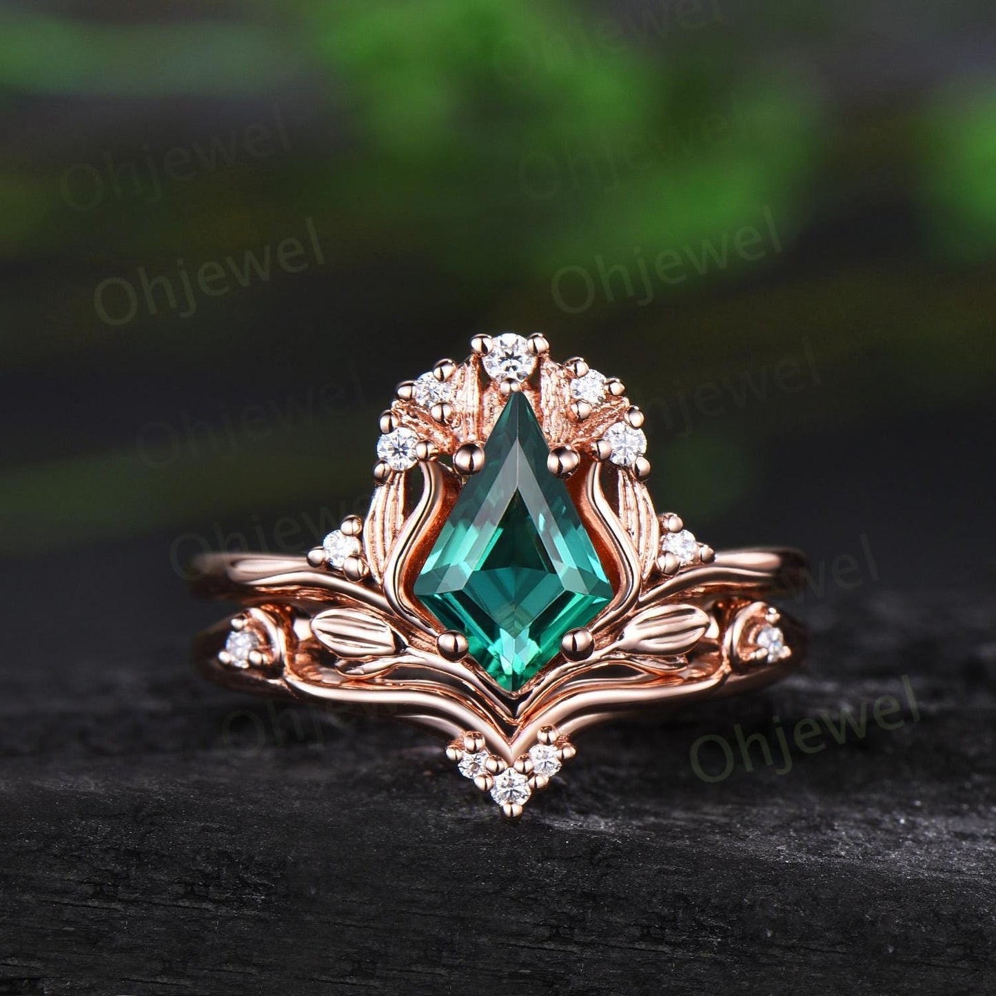 Kite cut emerald leaf engagement ring set stacking cluster nature inspired diamond promise wedding ring women 14k yellow gold gift