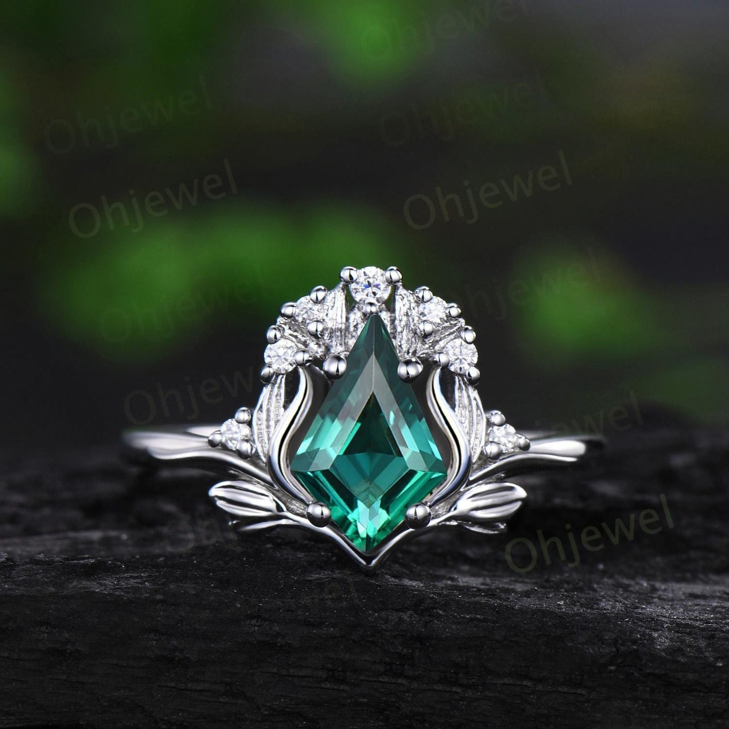 Kite cut emerald leaf engagement ring set stacking cluster nature inspired diamond promise wedding ring women 14k yellow gold gift