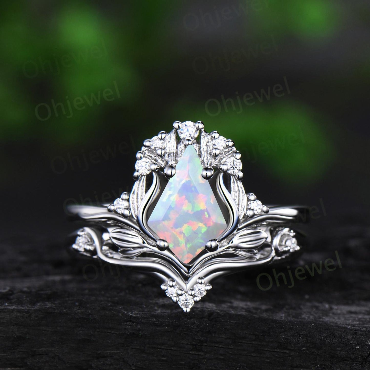 Kite cut white opal leaf engagement ring set stacking cluster nature inspired diamond anniversary wedding ring women 14k rose gold gift