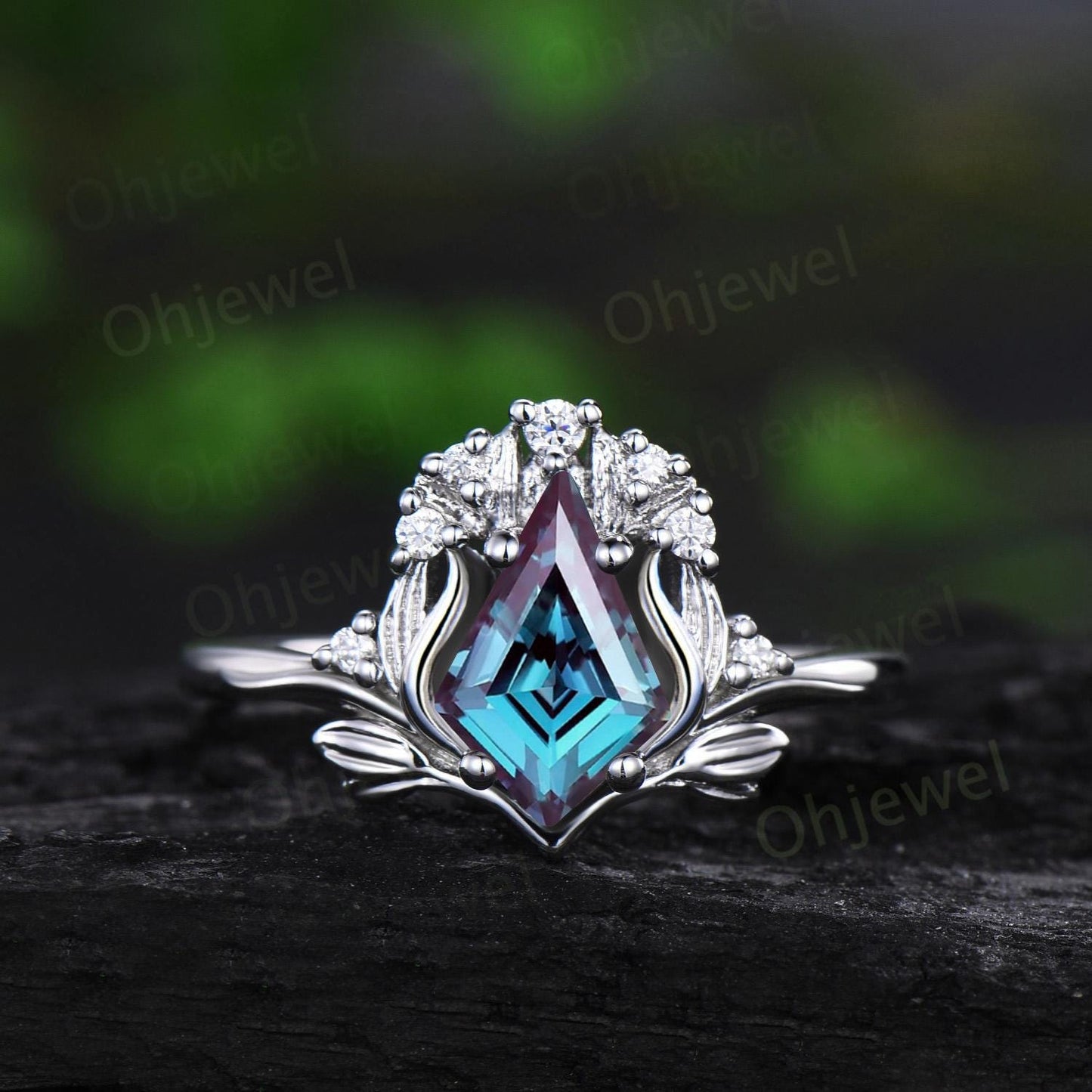 Leaf kite cut alexandrite ring vintage 14k rose gold nature inspired engagement ring women stacking diamond unique bridal ring set jewelry