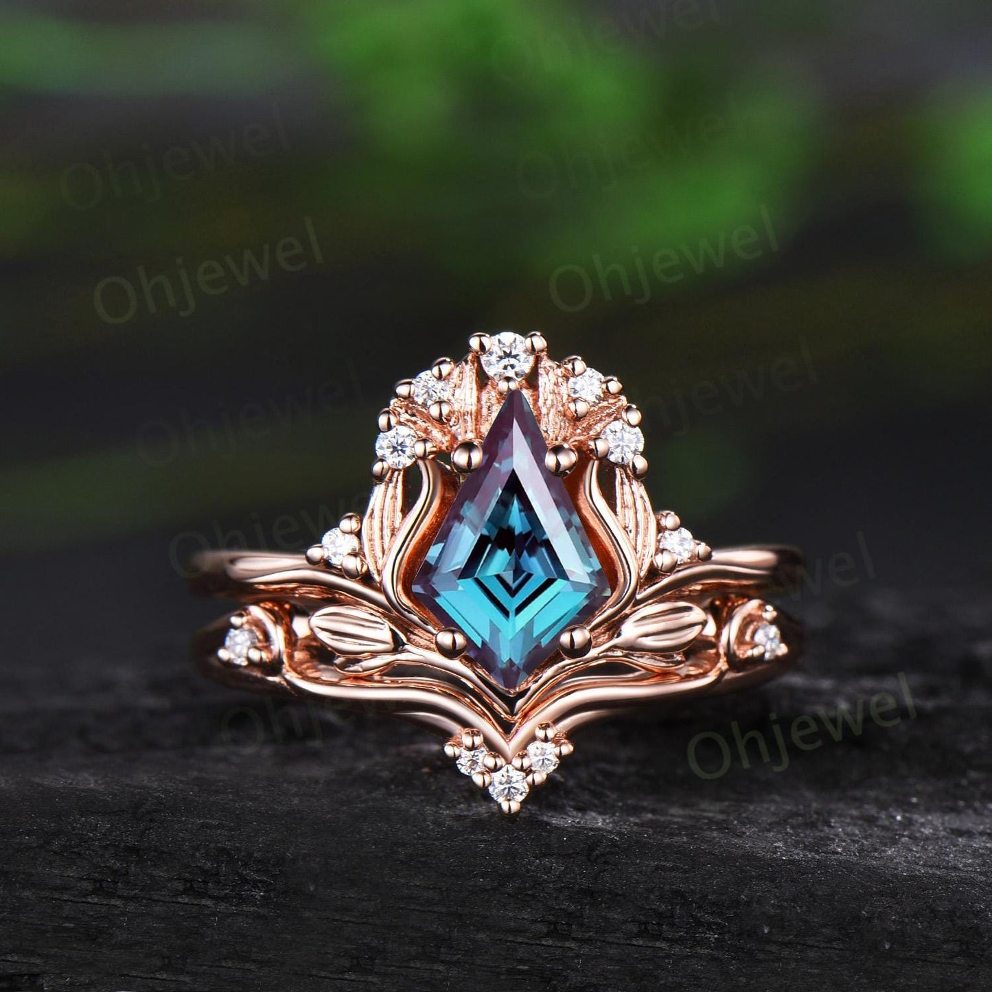 Leaf kite cut alexandrite ring vintage 14k rose gold nature inspired engagement ring women stacking diamond unique bridal ring set jewelry