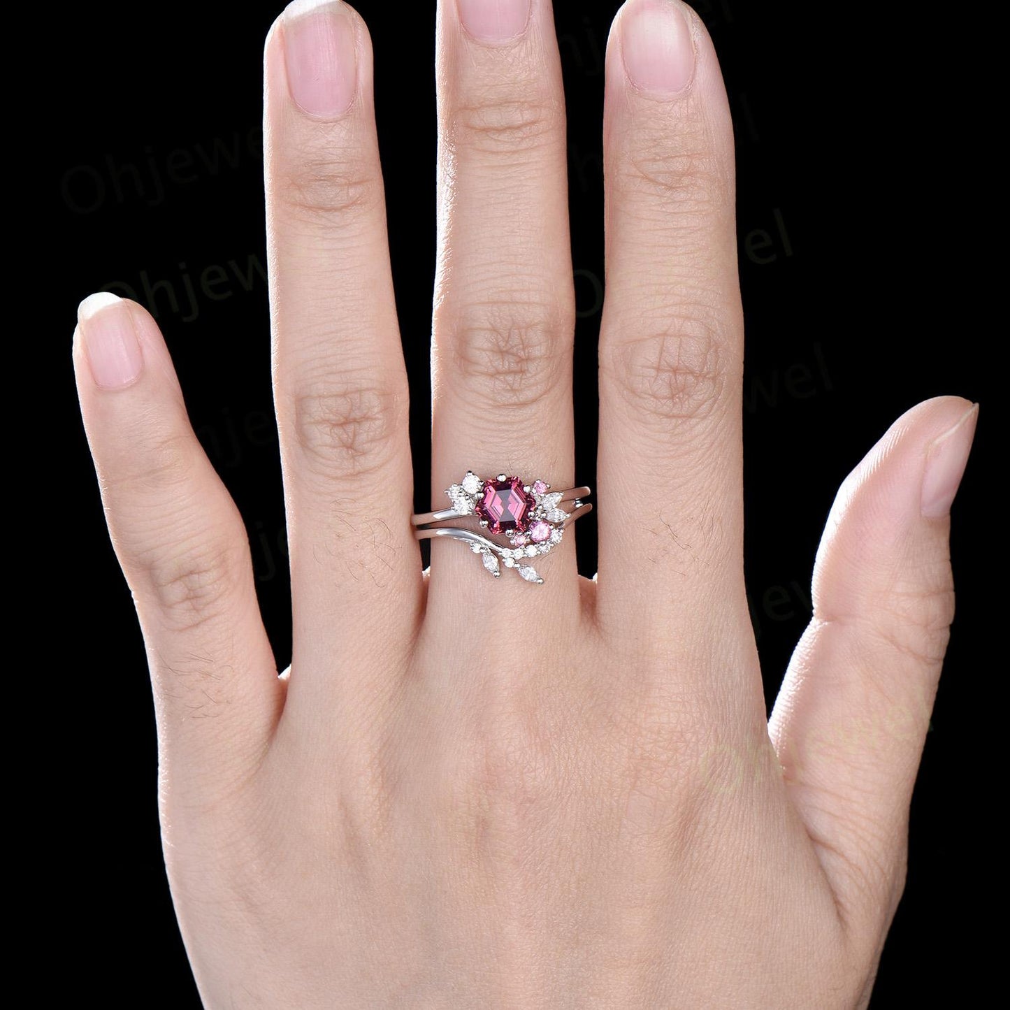Hexagon cut Pink Tourmaline engagement ring set cluster diamond promise bridal ring set women jewelry 14k white gold