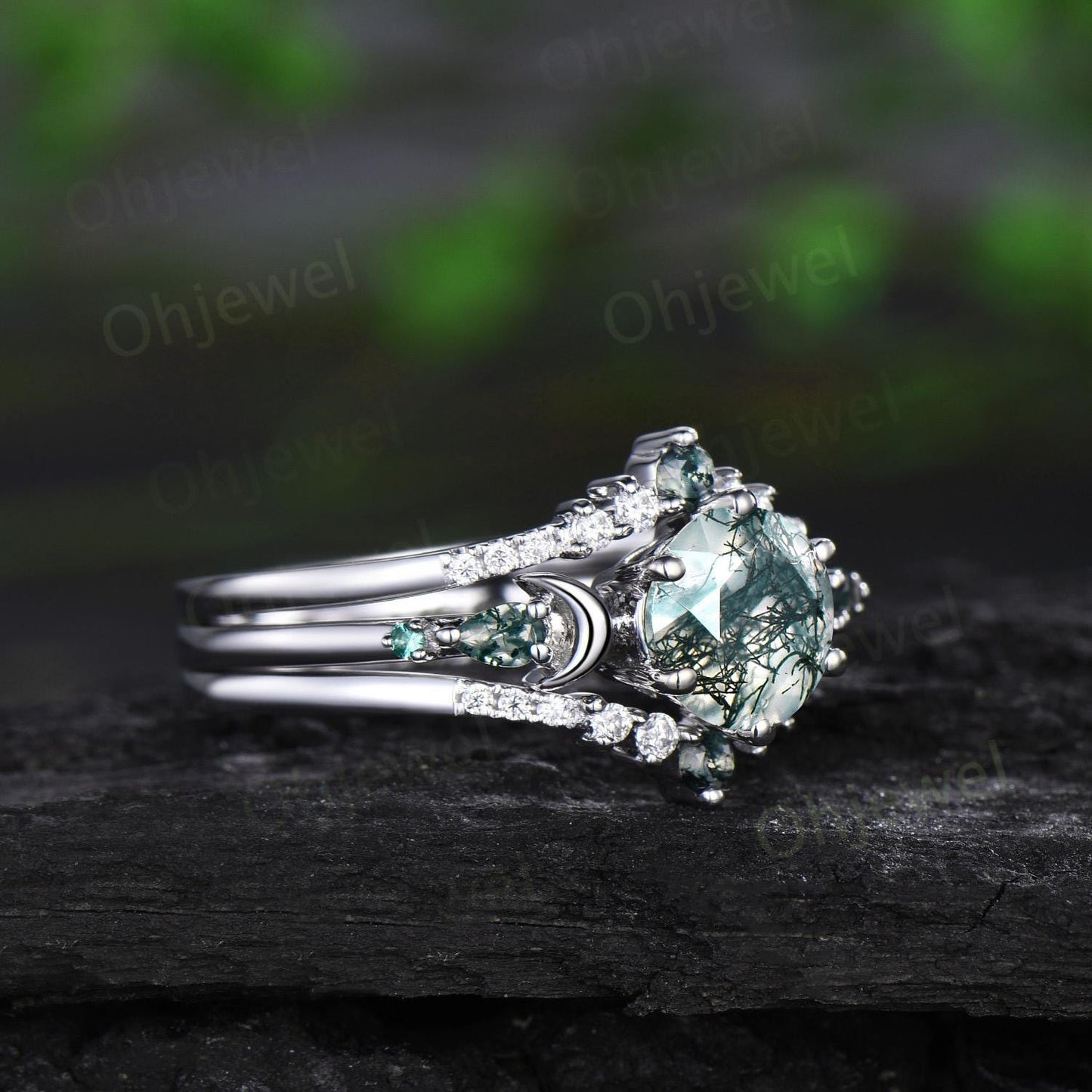 Round cut natural moss agate ring 14k white gold five stone moon unique engagement ring emerald promise ring set women anniversary gift