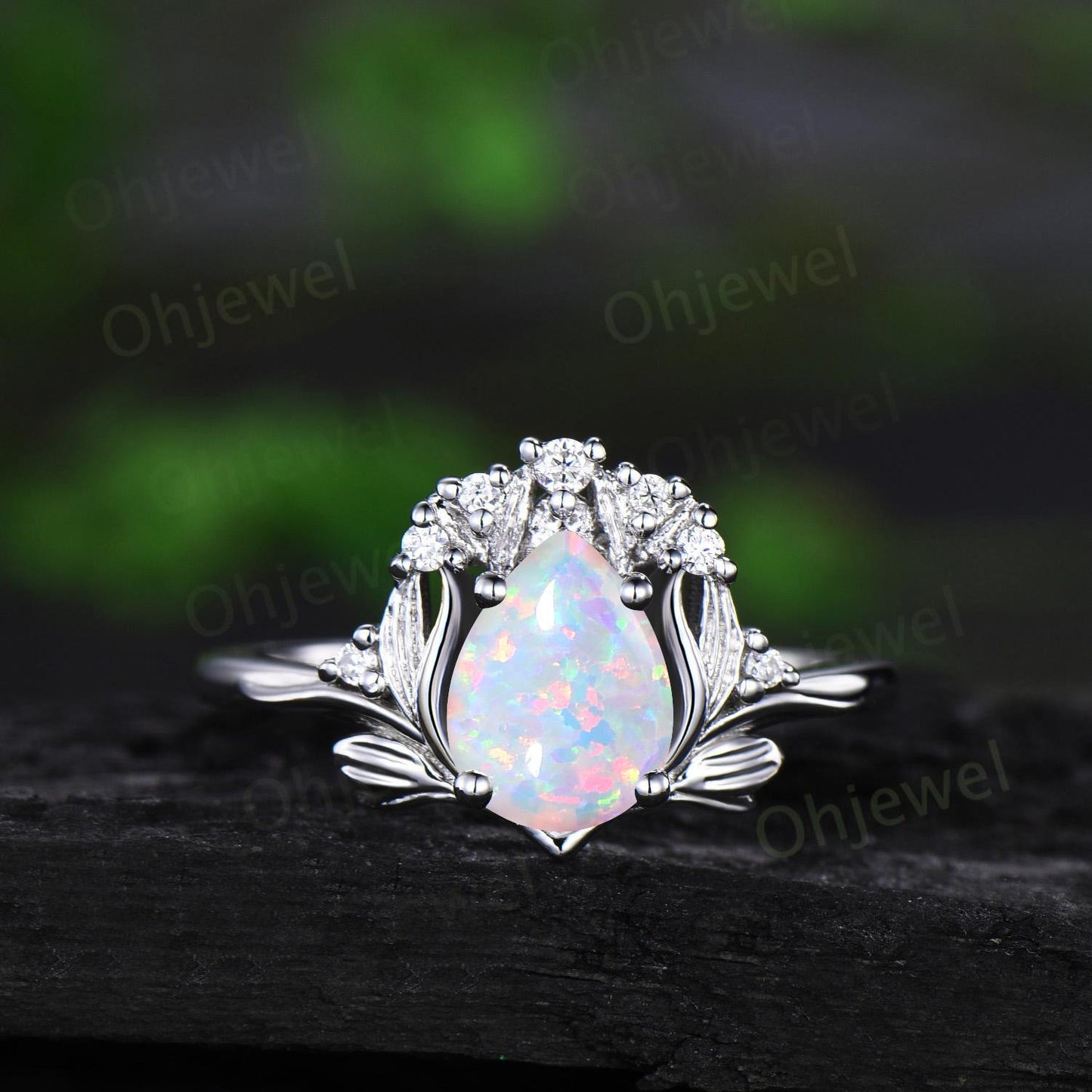 Teardrop white opal leaf engagement ring set solid 14k rose gold stacking cluster nature inspired diamond unique anniversary gift