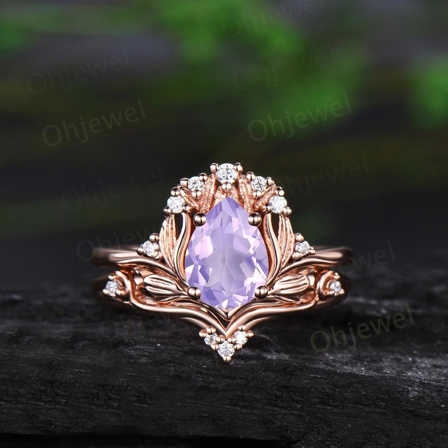 Teardrop Lavender Amethyst ring vintage rose gold nature inspired unique engagement ring set anniversary gift crystal ring