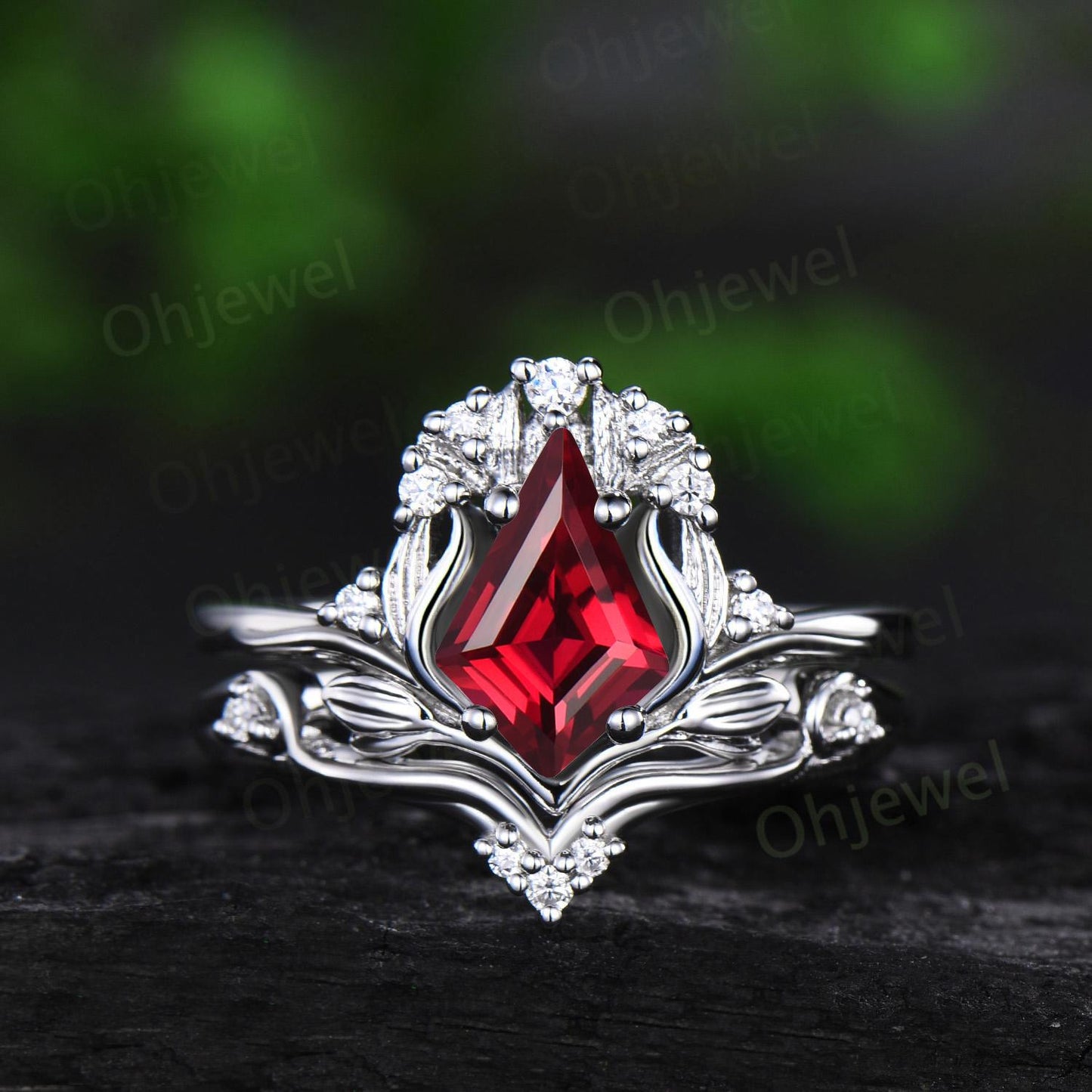 Kite cut red ruby leaf engagement ring set stacking cluster nature inspired diamond wedding ring women 14k rose gold anniversary gift