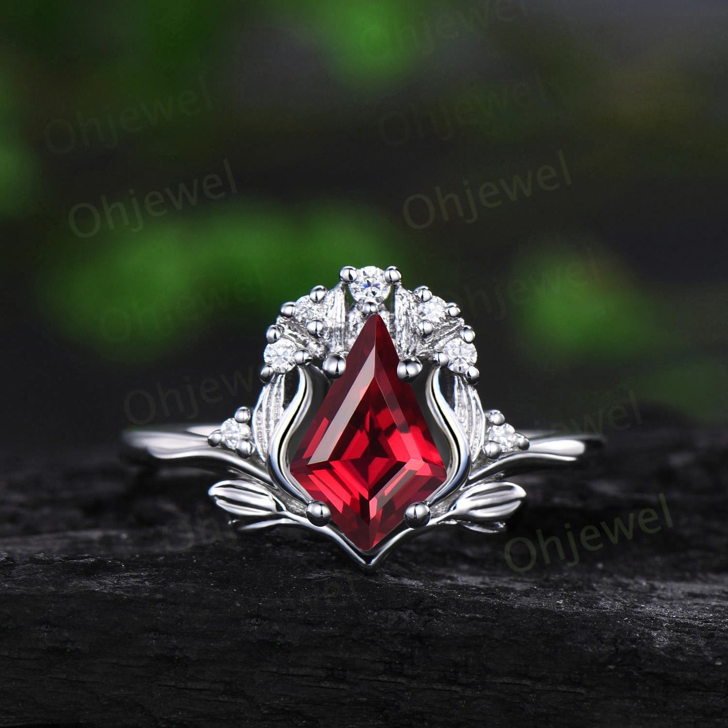 Kite cut red ruby leaf engagement ring set stacking cluster nature inspired diamond wedding ring women 14k rose gold anniversary gift
