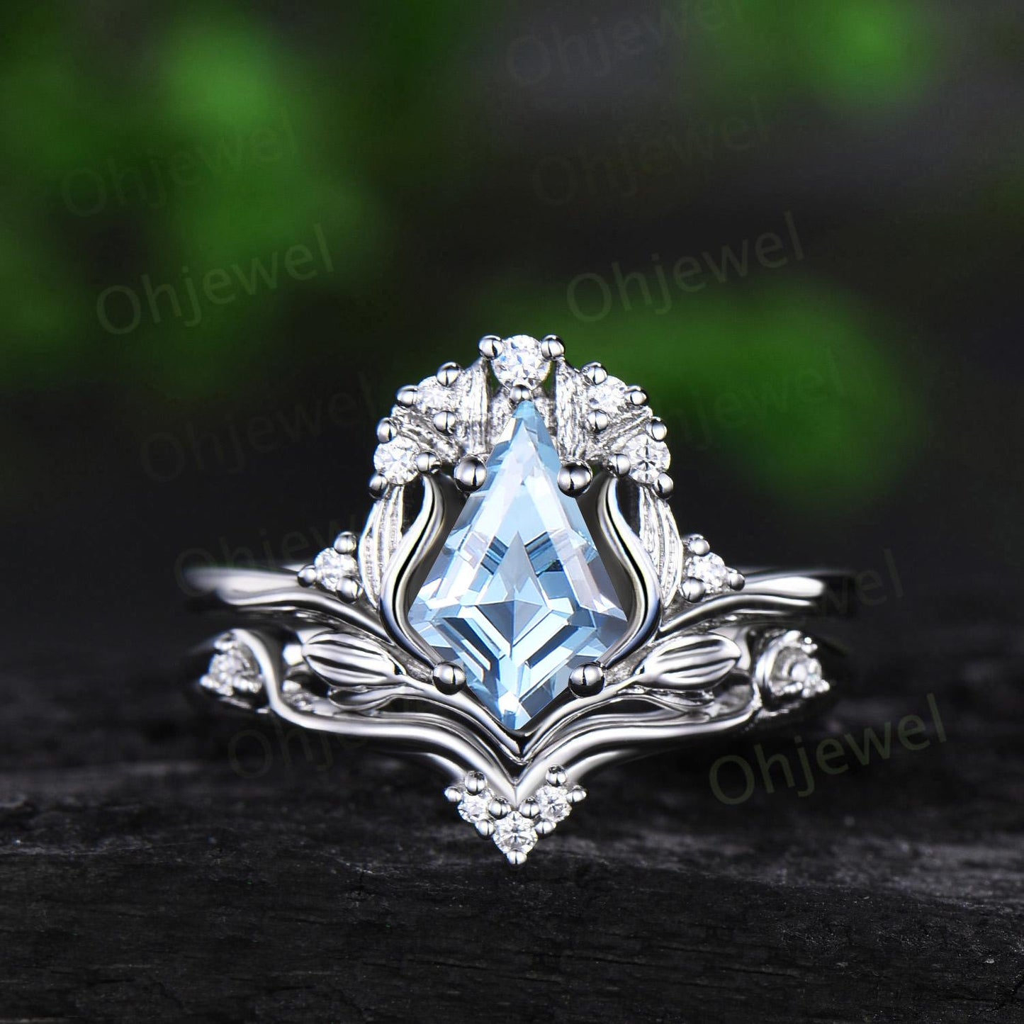Kite cut aquamarine ring vintage nature inspired leaf unique engagement ring set rose gold cluster diamond bridal set women