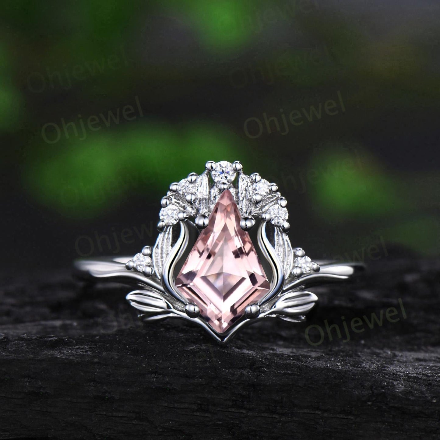 Kite cut morganite ring vintage nature inspired leaf unique engagement ring set rose gold cluster diamond promise bridal set women
