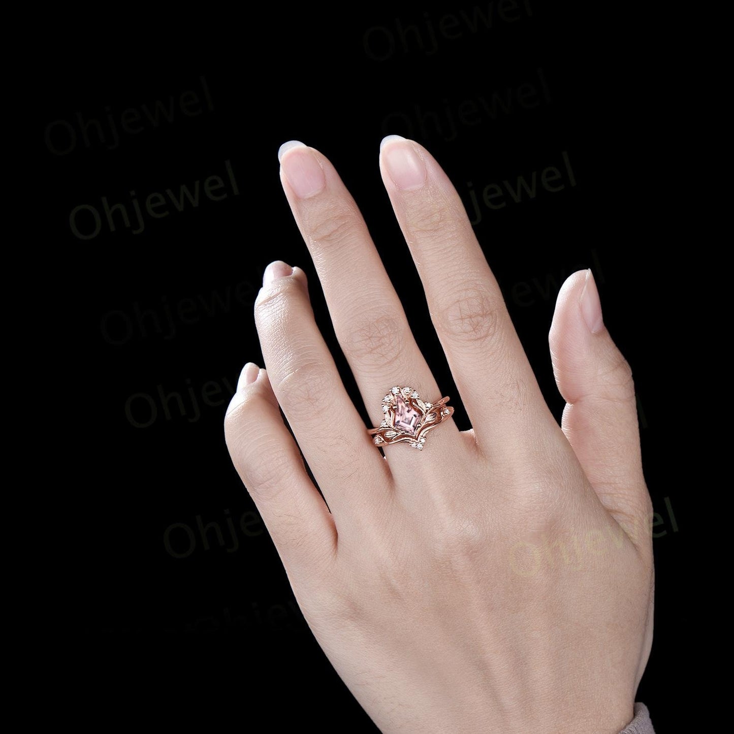 Kite cut morganite ring vintage nature inspired leaf unique engagement ring set rose gold cluster diamond promise bridal set women
