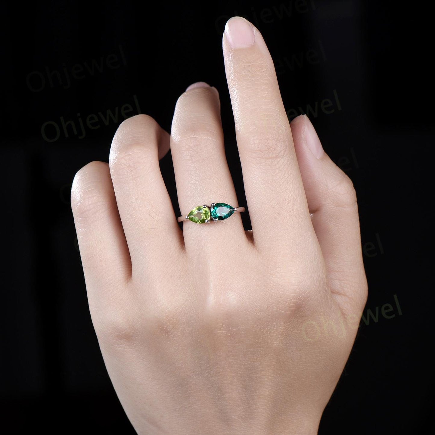 Pear emerald peridot ring white gold two stone unique east to west engagement ring dainty wedding ring Minimalist green gemstone gift