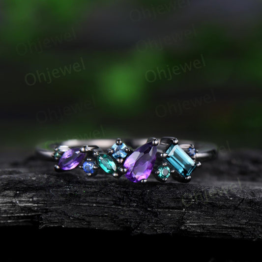 Dainty pear amethyst wedding band 14k black gold Baguette alexandrite ring women emerald sapphire topaz multi-stone rings anniversary gift