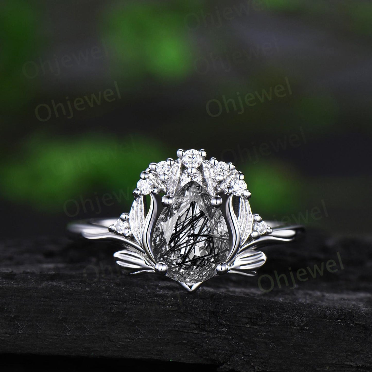 Pear shaped black rutilated quartz leaf engagement ring set 14k white gold cluster diamond nature inspired unique bridal set women gift