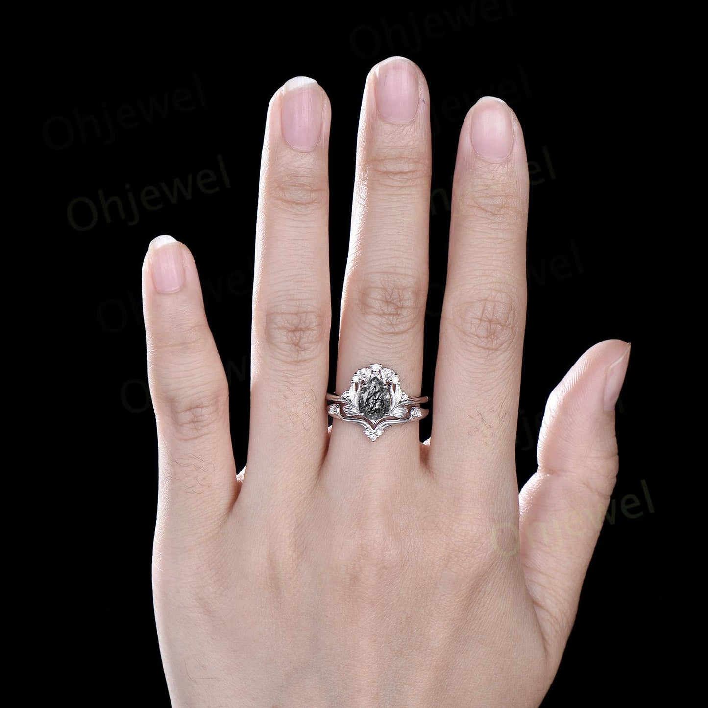Pear shaped black rutilated quartz leaf engagement ring set 14k white gold cluster diamond nature inspired unique bridal set women gift