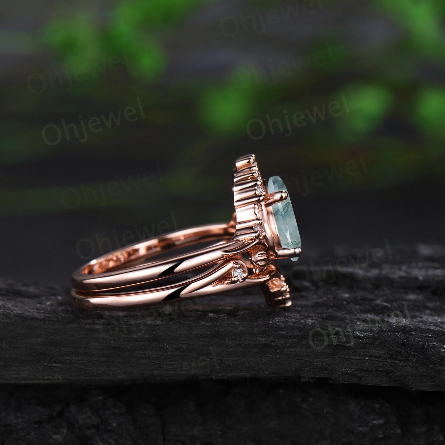 Vintage pear shaped moss agate leaf engagement ring set 14k rose gold cluster diamond nature inspired unique wedding ring women gift