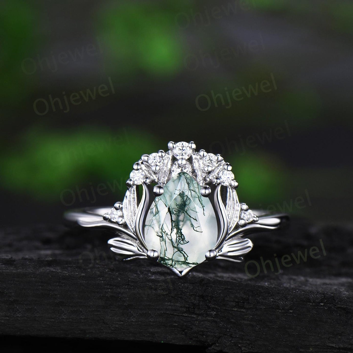 Vintage pear shaped moss agate leaf engagement ring set 14k rose gold cluster diamond nature inspired unique wedding ring women gift