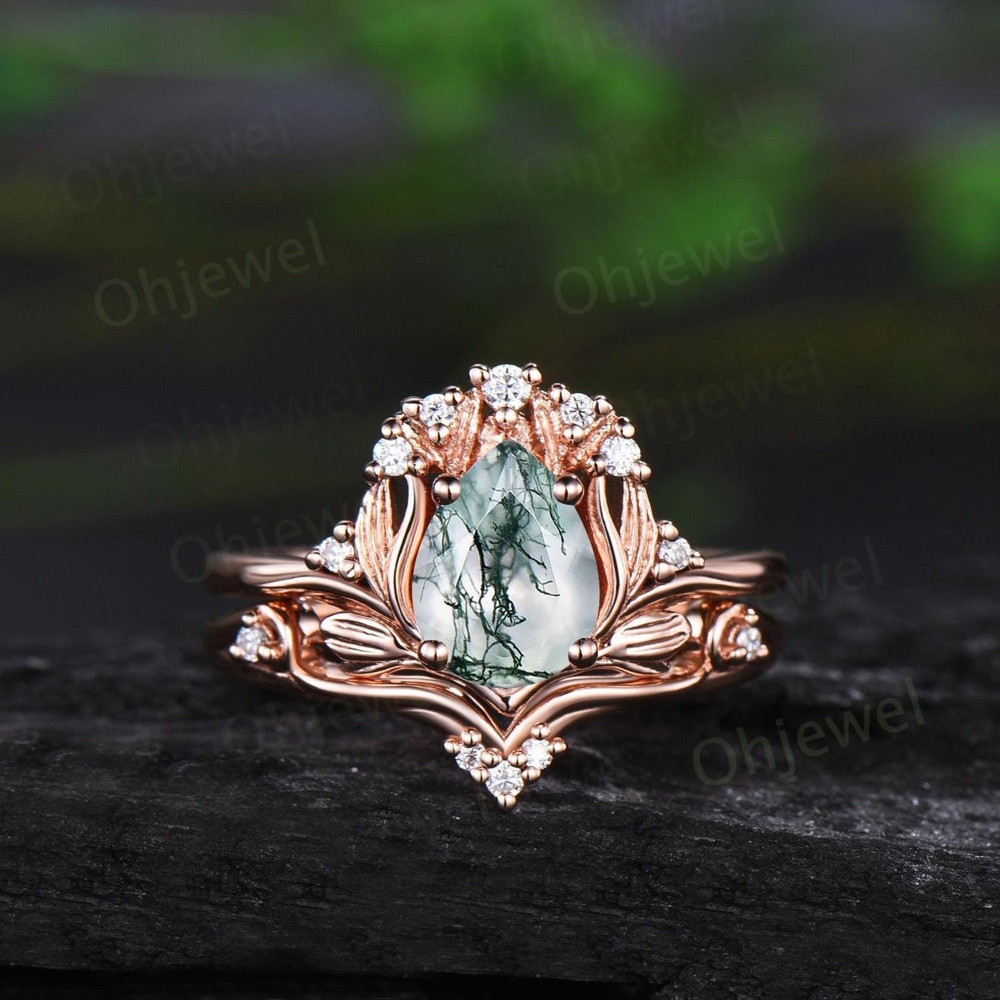 Vintage pear shaped moss agate leaf engagement ring set 14k rose gold cluster diamond nature inspired unique wedding ring women gift