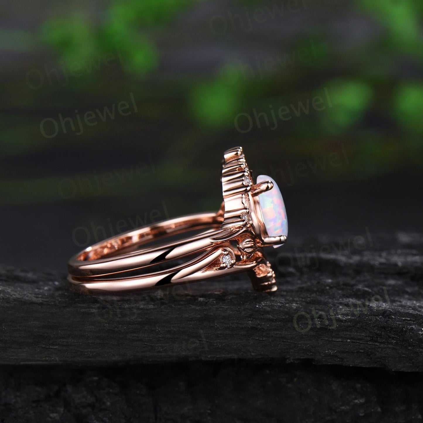 Teardrop white opal leaf engagement ring set solid 14k rose gold stacking cluster nature inspired diamond unique anniversary gift