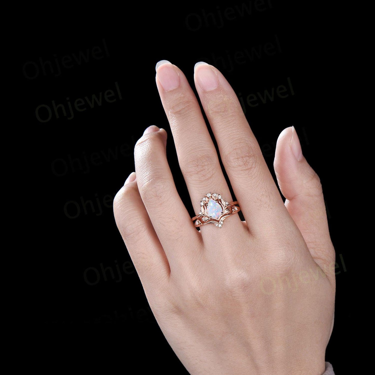 Teardrop white opal leaf engagement ring set solid 14k rose gold stacking cluster nature inspired diamond unique anniversary gift
