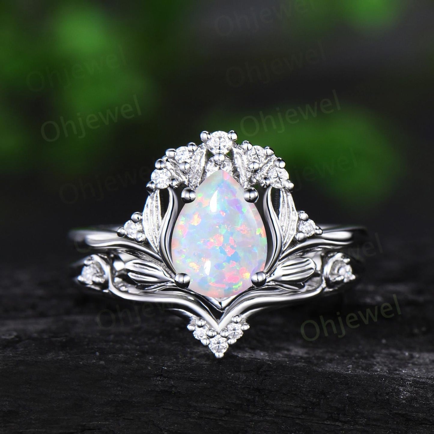 Teardrop white opal leaf engagement ring set solid 14k rose gold stacking cluster nature inspired diamond unique anniversary gift