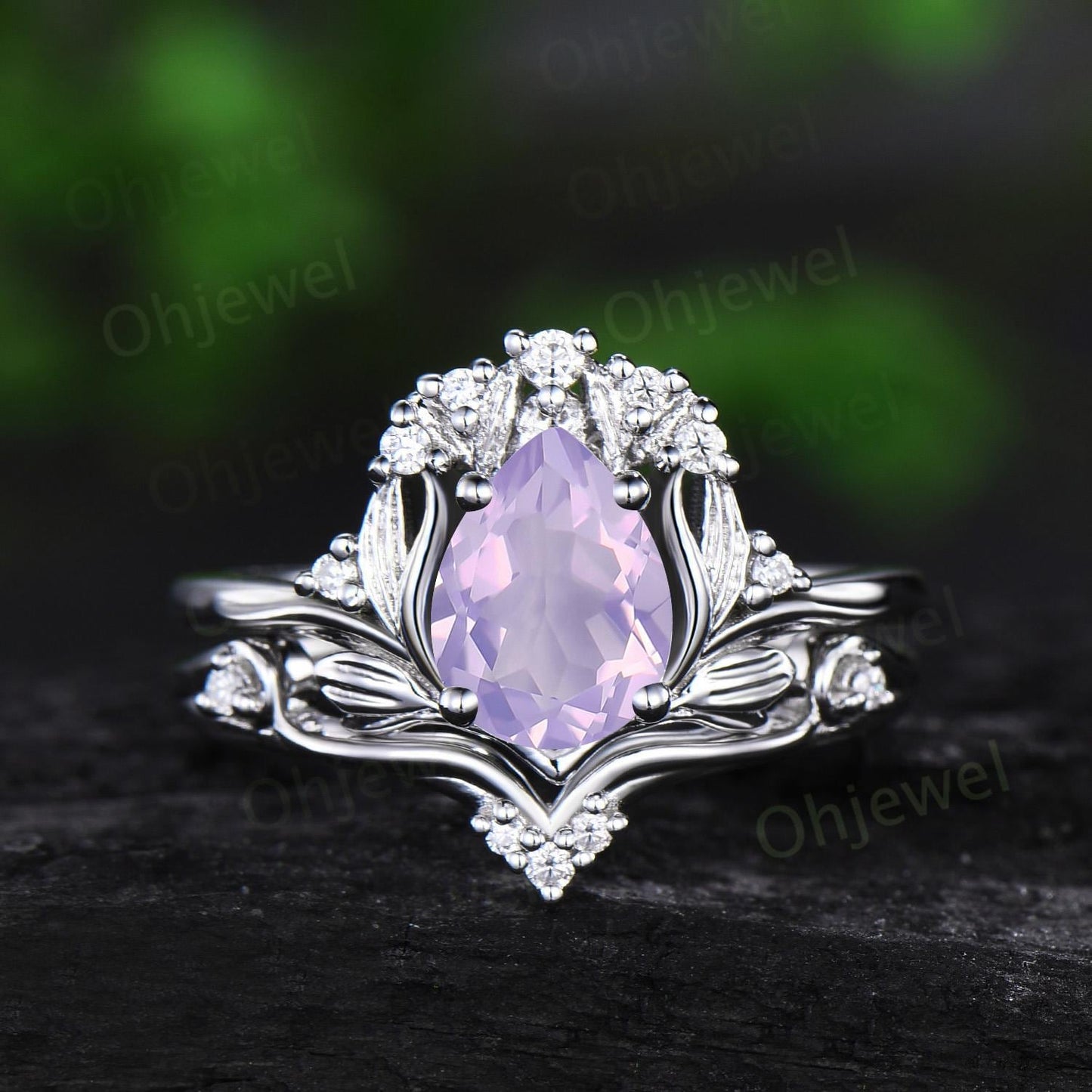 Teardrop Lavender Amethyst ring vintage rose gold nature inspired unique engagement ring set anniversary gift crystal ring