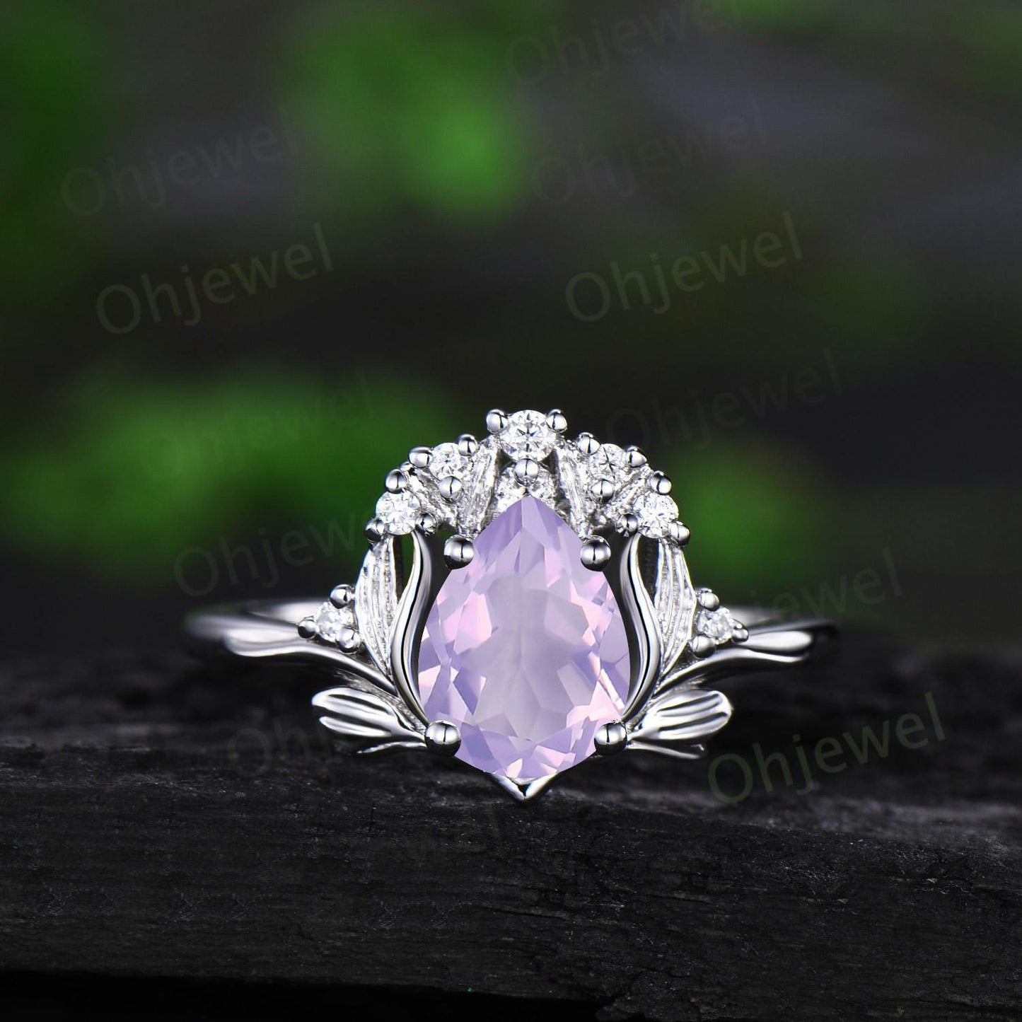 Teardrop Lavender Amethyst ring vintage rose gold nature inspired unique engagement ring set anniversary gift crystal ring