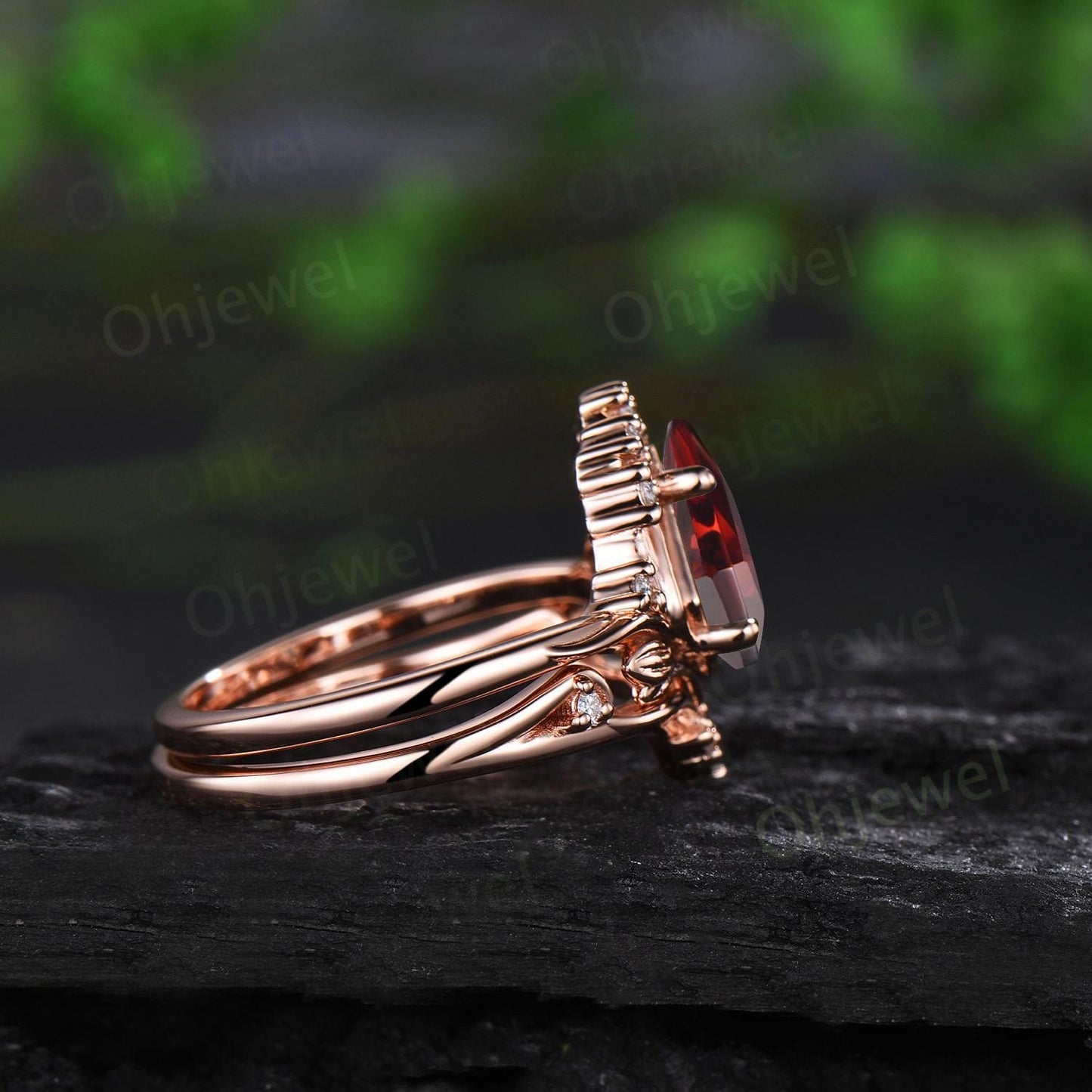 Kite cut red ruby leaf engagement ring set stacking cluster nature inspired diamond wedding ring women 14k rose gold anniversary gift
