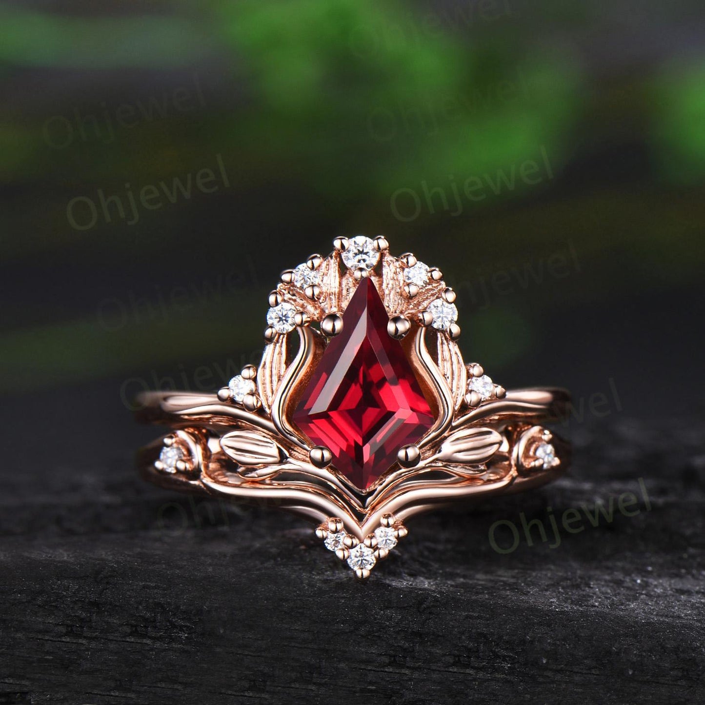 Kite cut red ruby leaf engagement ring set stacking cluster nature inspired diamond wedding ring women 14k rose gold anniversary gift
