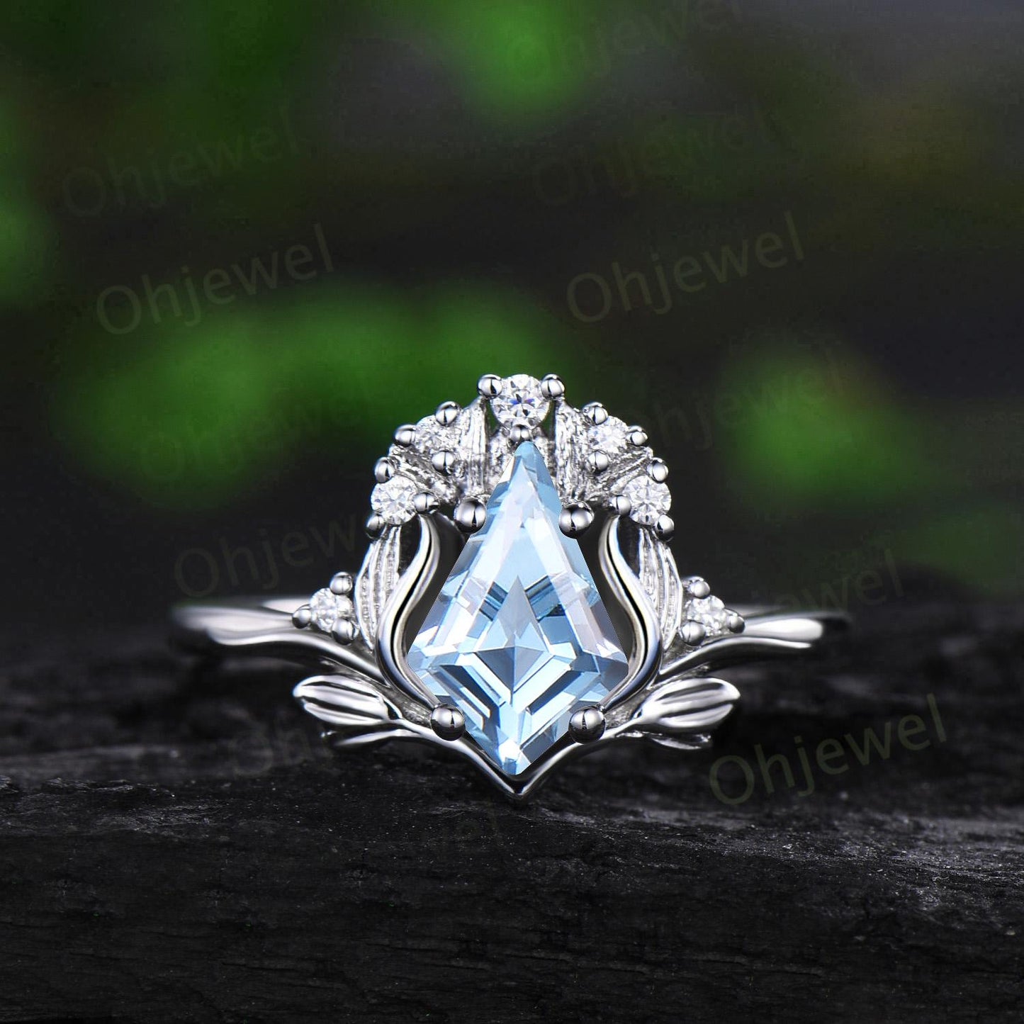 Kite cut aquamarine ring vintage nature inspired leaf unique engagement ring set rose gold cluster diamond bridal set women