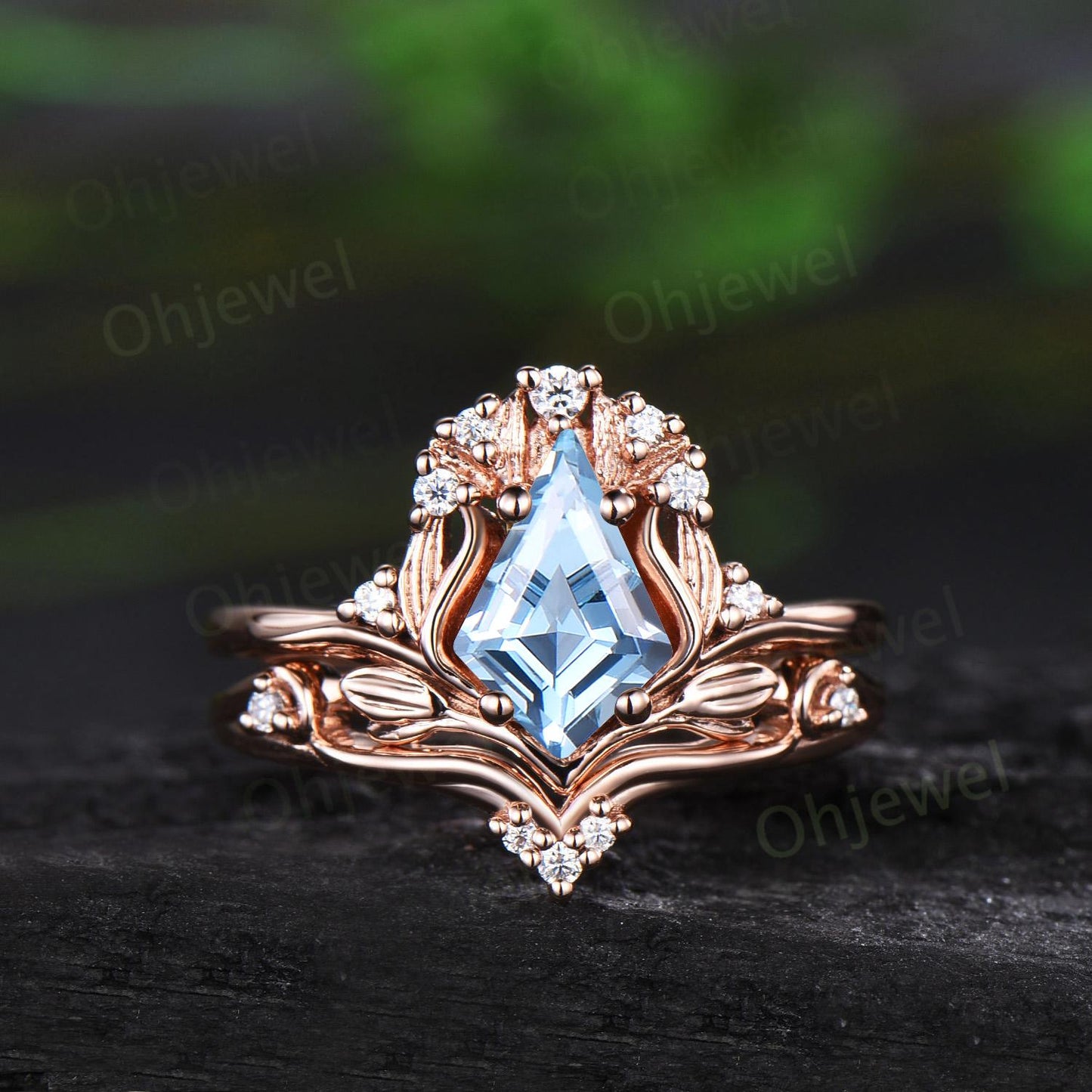 Kite cut aquamarine ring vintage nature inspired leaf unique engagement ring set rose gold cluster diamond bridal set women