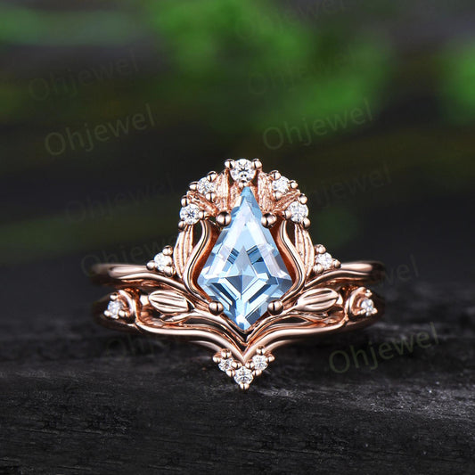 Kite cut aquamarine ring vintage nature inspired leaf unique engagement ring set rose gold cluster diamond bridal set women