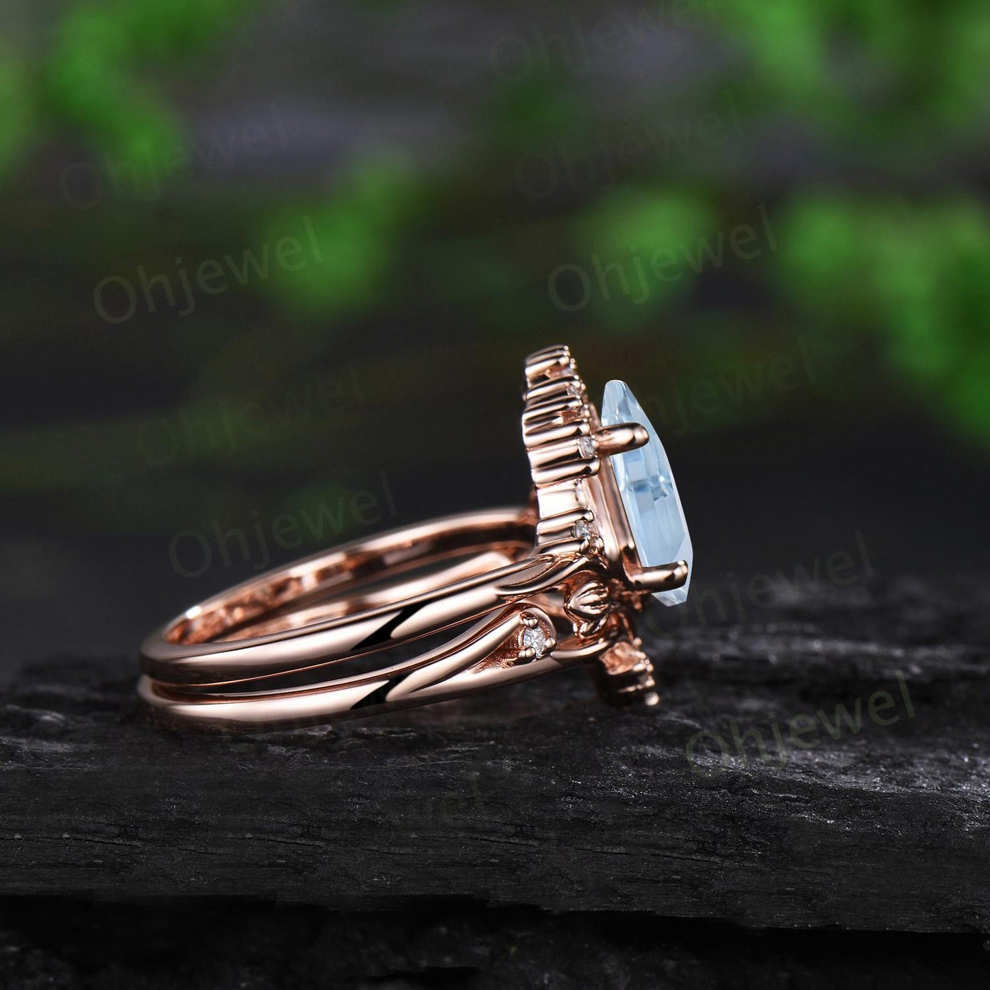 Kite cut aquamarine ring vintage nature inspired leaf unique engagement ring set rose gold cluster diamond bridal set women