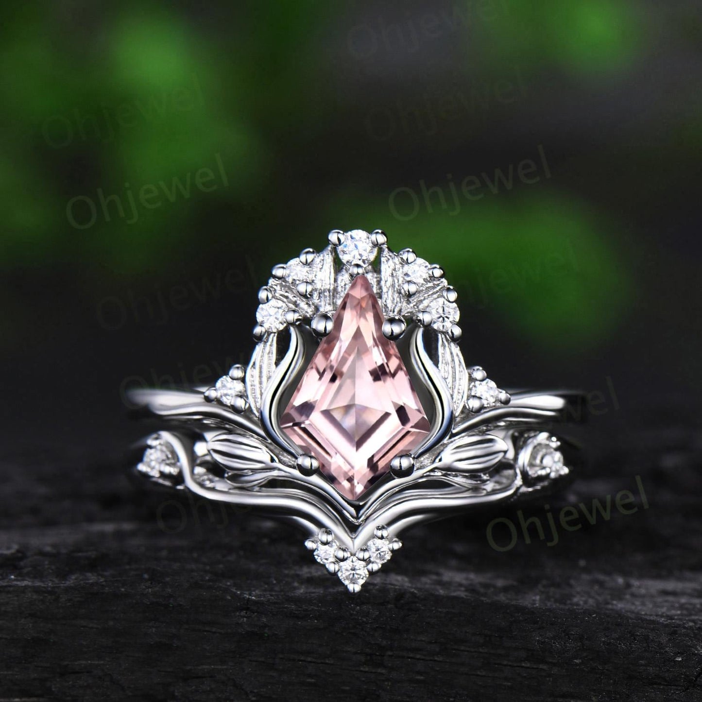 Kite cut morganite ring vintage nature inspired leaf unique engagement ring set rose gold cluster diamond promise bridal set women