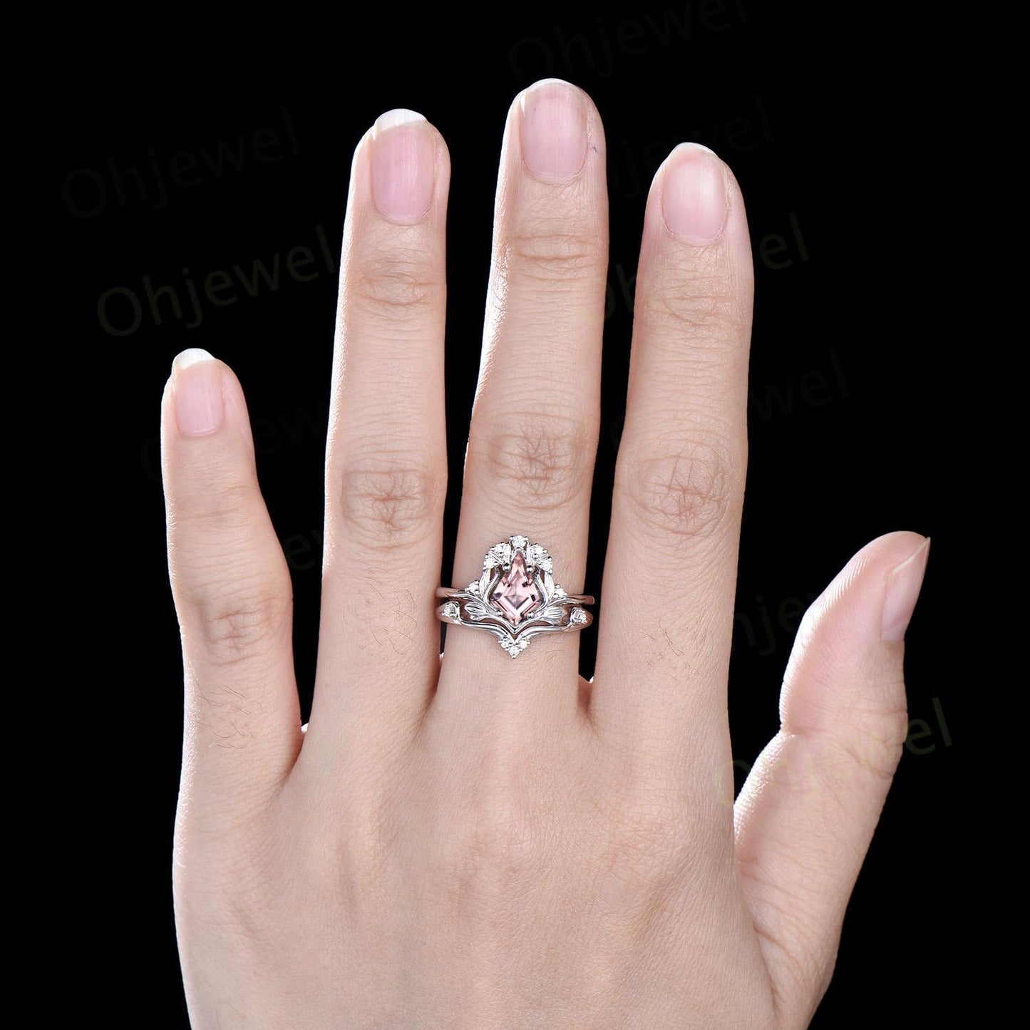 Kite cut morganite ring vintage nature inspired leaf unique engagement ring set rose gold cluster diamond promise bridal set women