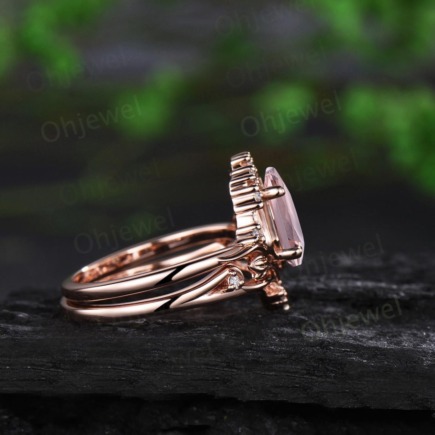 Kite cut morganite ring vintage nature inspired leaf unique engagement ring set rose gold cluster diamond promise bridal set women