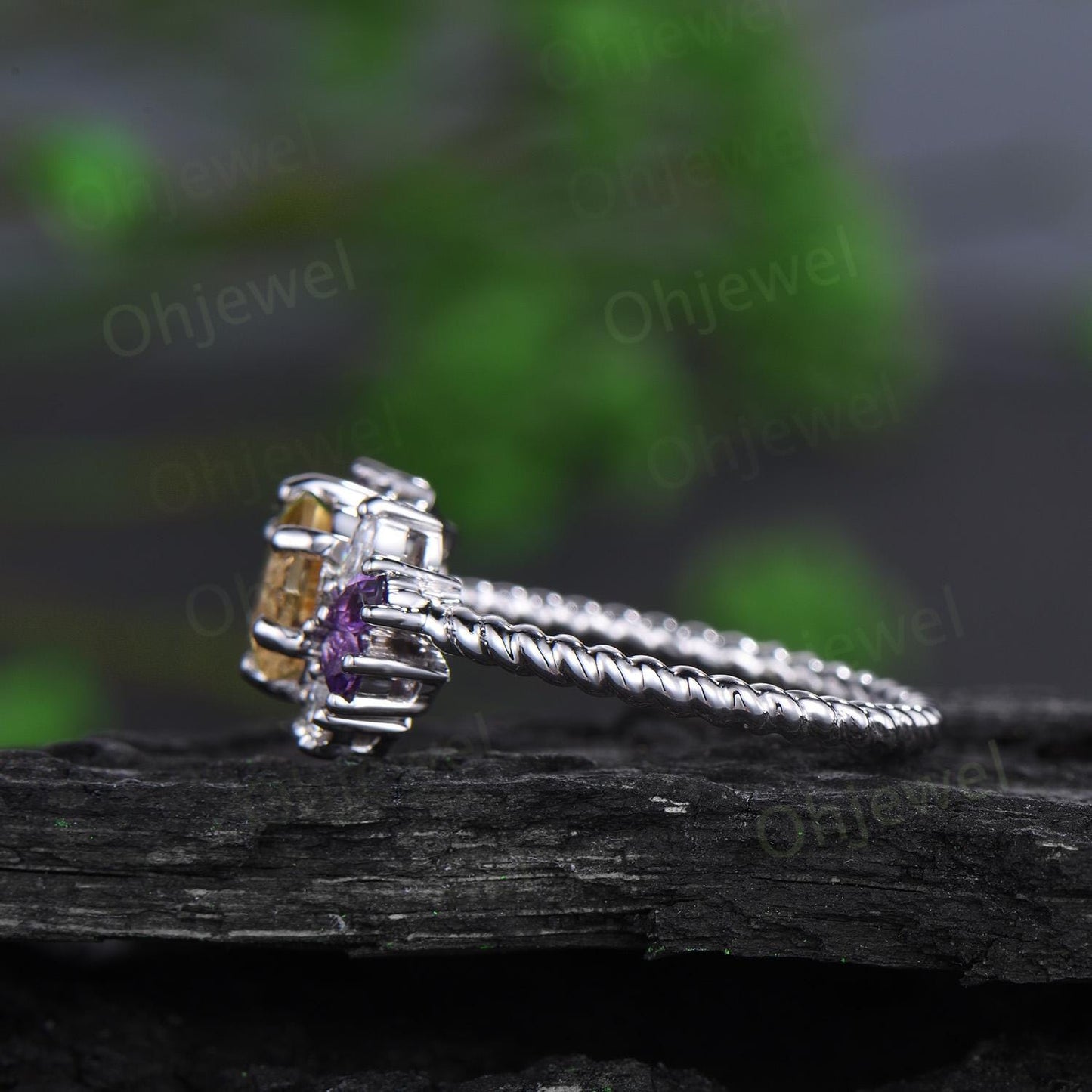 Hexagon cut yellow citrine engagement ring rope wrapping cluster amethyst moissanite wedding ring women solid white gold anniversary gift