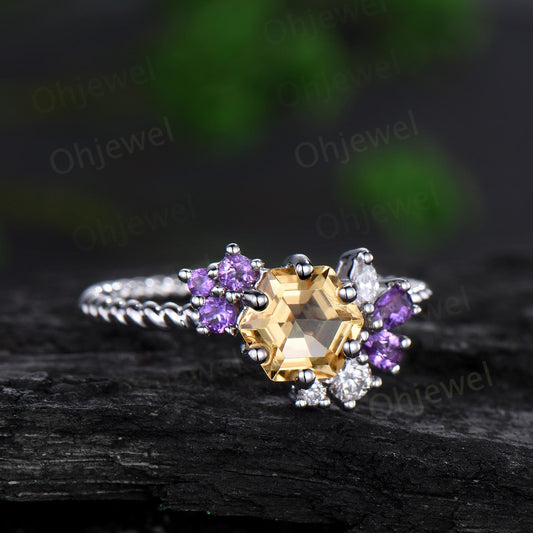 Hexagon cut yellow citrine engagement ring rope wrapping cluster amethyst moissanite wedding ring women solid white gold anniversary gift