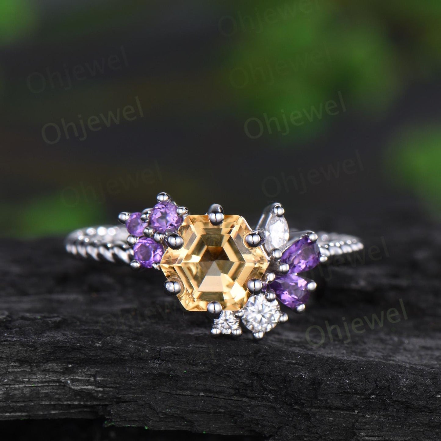 Hexagon cut yellow citrine engagement ring rope wrapping cluster amethyst moissanite wedding ring women solid white gold anniversary gift