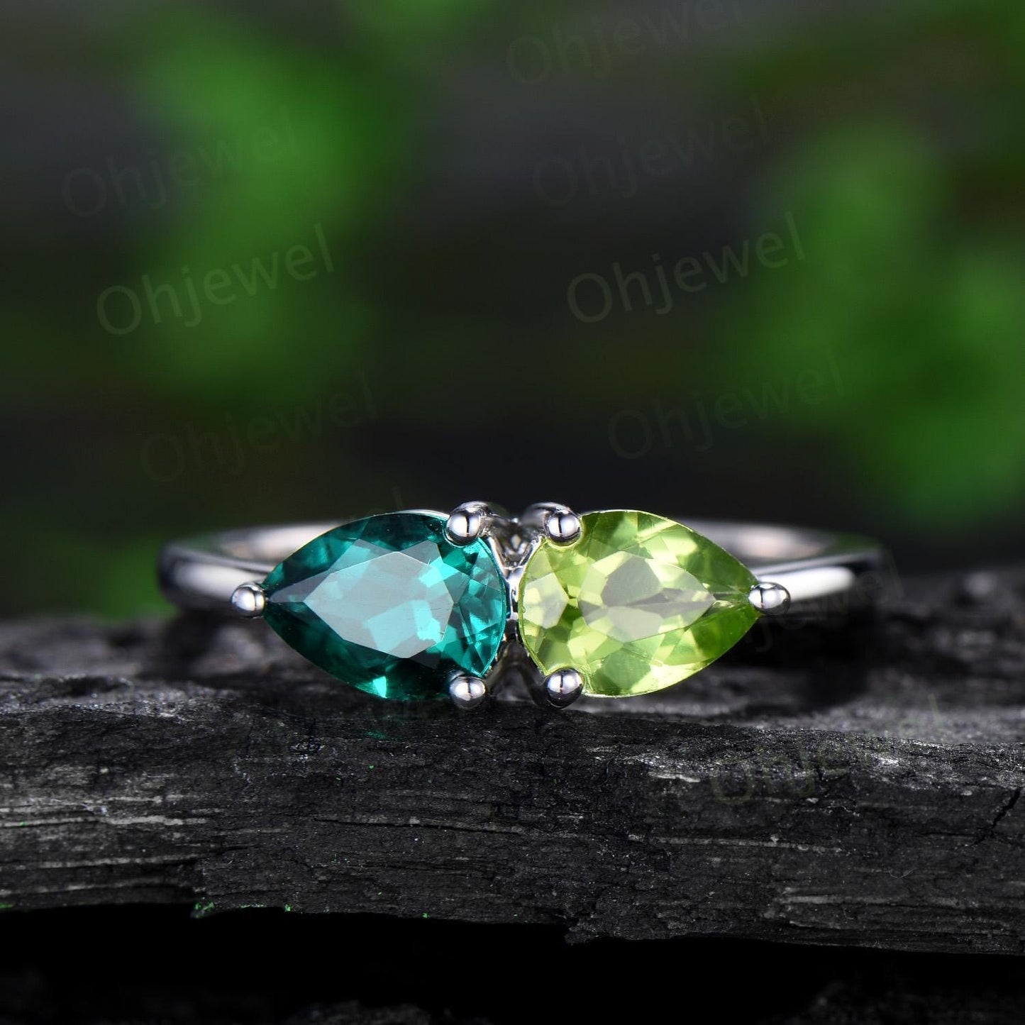 Pear emerald peridot ring white gold two stone unique east to west engagement ring dainty wedding ring Minimalist green gemstone gift