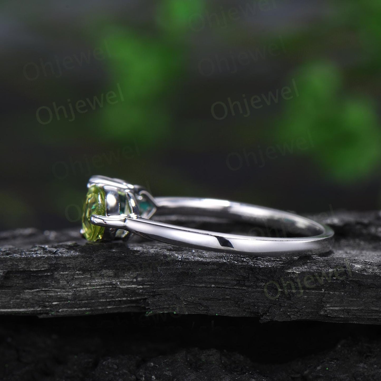 Pear emerald peridot ring white gold two stone unique east to west engagement ring dainty wedding ring Minimalist green gemstone gift