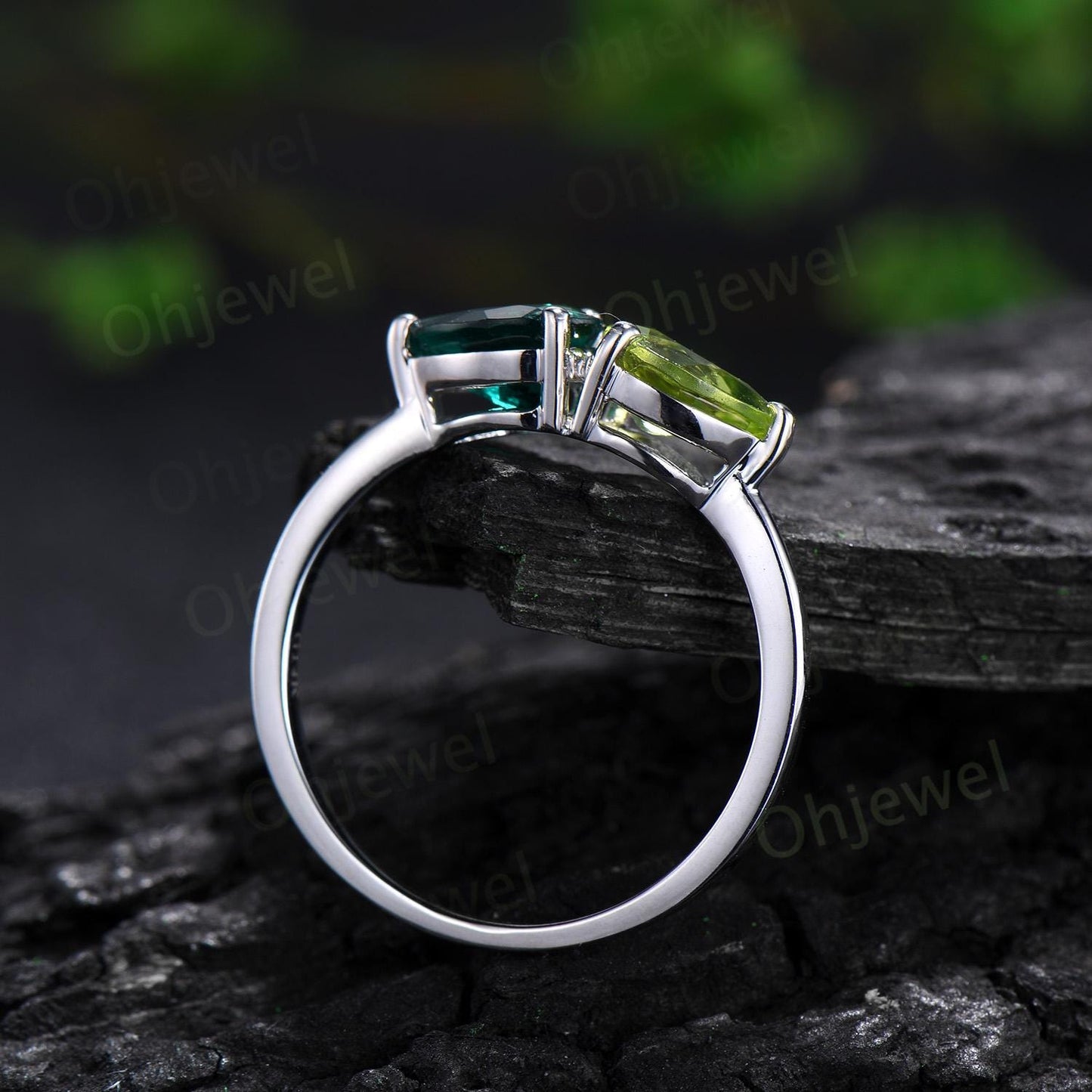 Pear emerald peridot ring white gold two stone unique east to west engagement ring dainty wedding ring Minimalist green gemstone gift