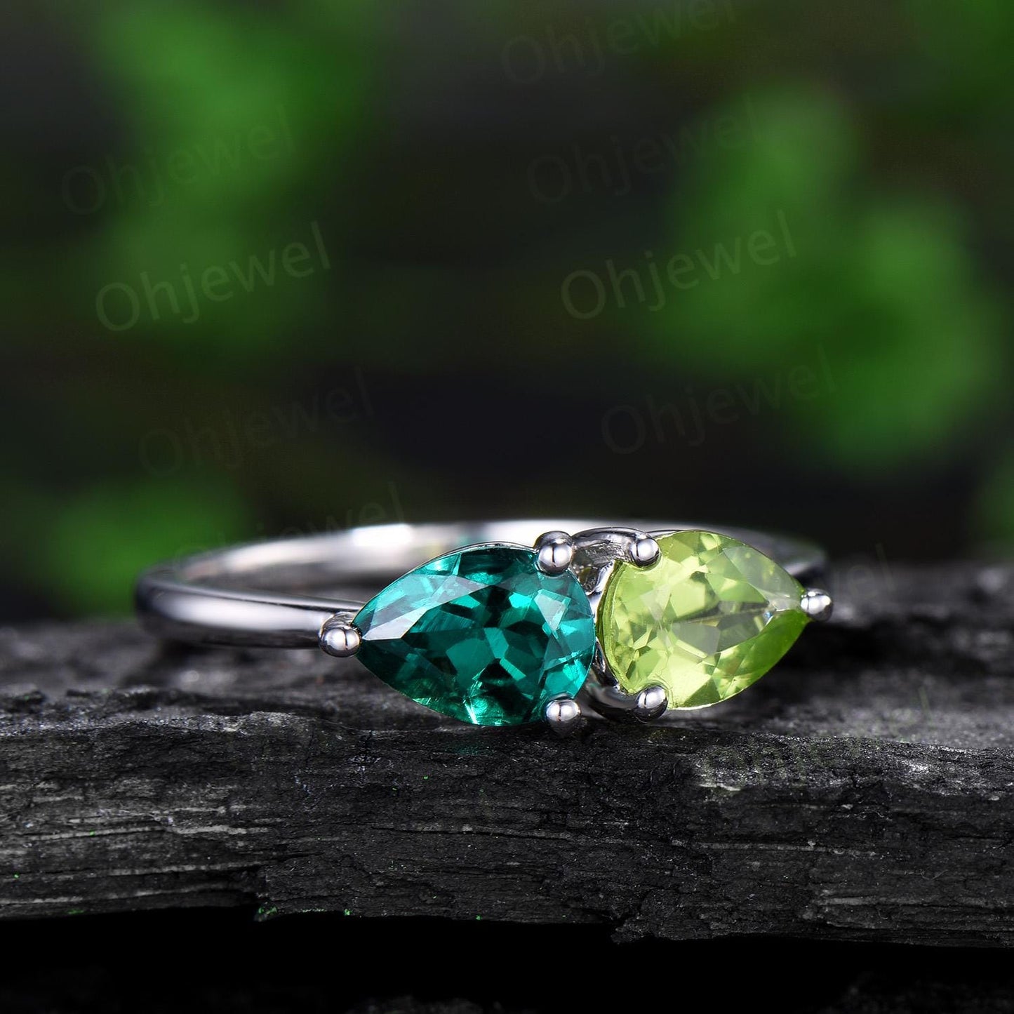 Pear emerald peridot ring white gold two stone unique east to west engagement ring dainty wedding ring Minimalist green gemstone gift