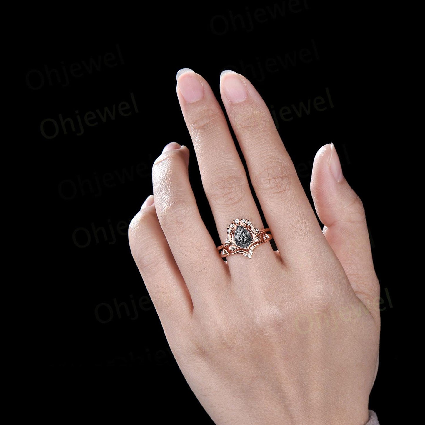 Pear shaped black rutilated quartz leaf engagement ring set 14k white gold cluster diamond nature inspired unique bridal set women gift