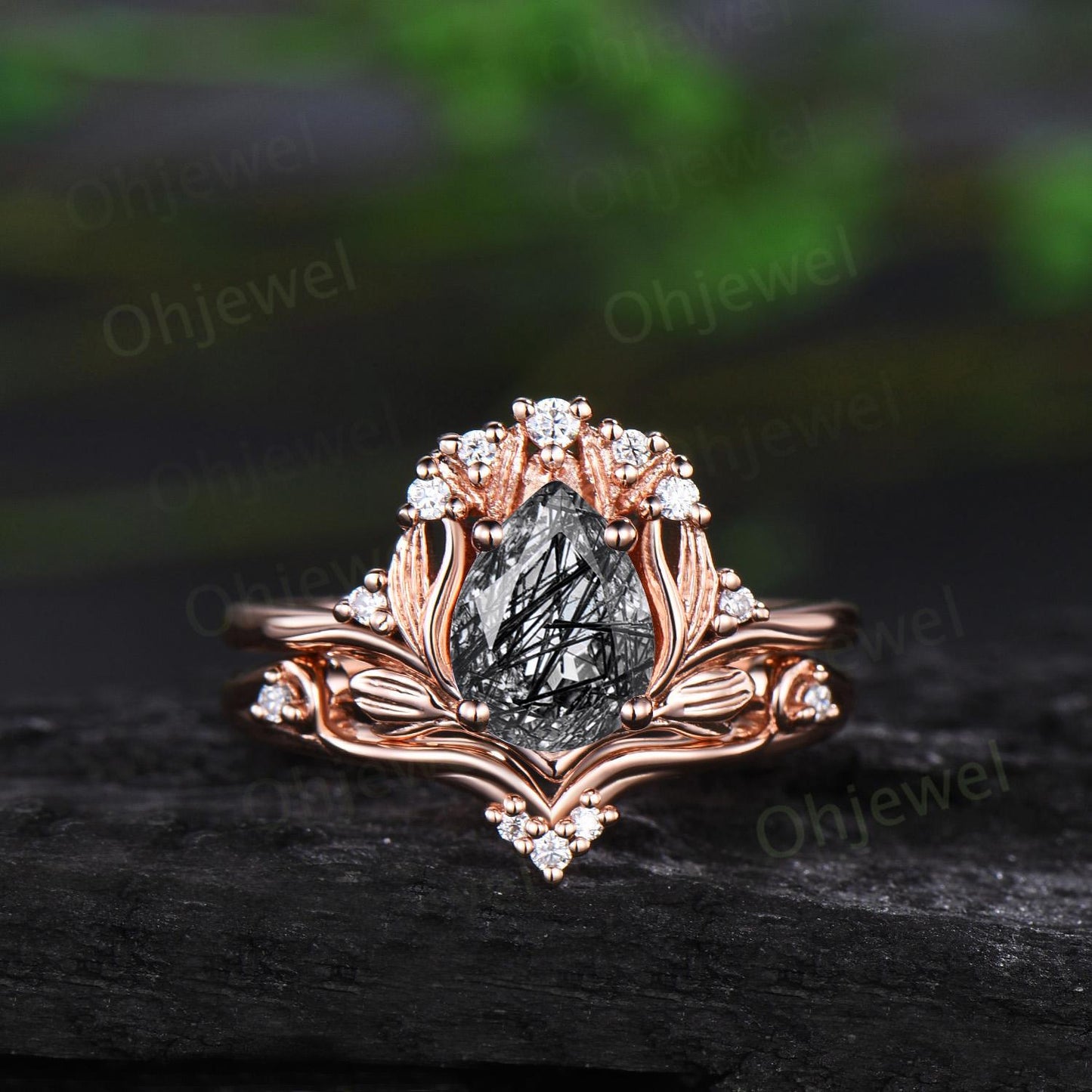 Pear shaped black rutilated quartz leaf engagement ring set 14k white gold cluster diamond nature inspired unique bridal set women gift