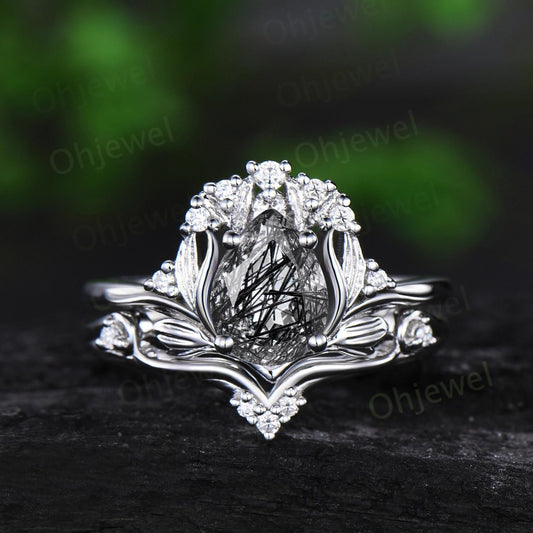 Pear shaped black rutilated quartz leaf engagement ring set 14k white gold cluster diamond nature inspired unique bridal set women gift