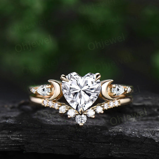 Heart shaped moissanite engagement ring set yellow gold five stone moon pear diamond promise wedding bridal ring set women jewelry