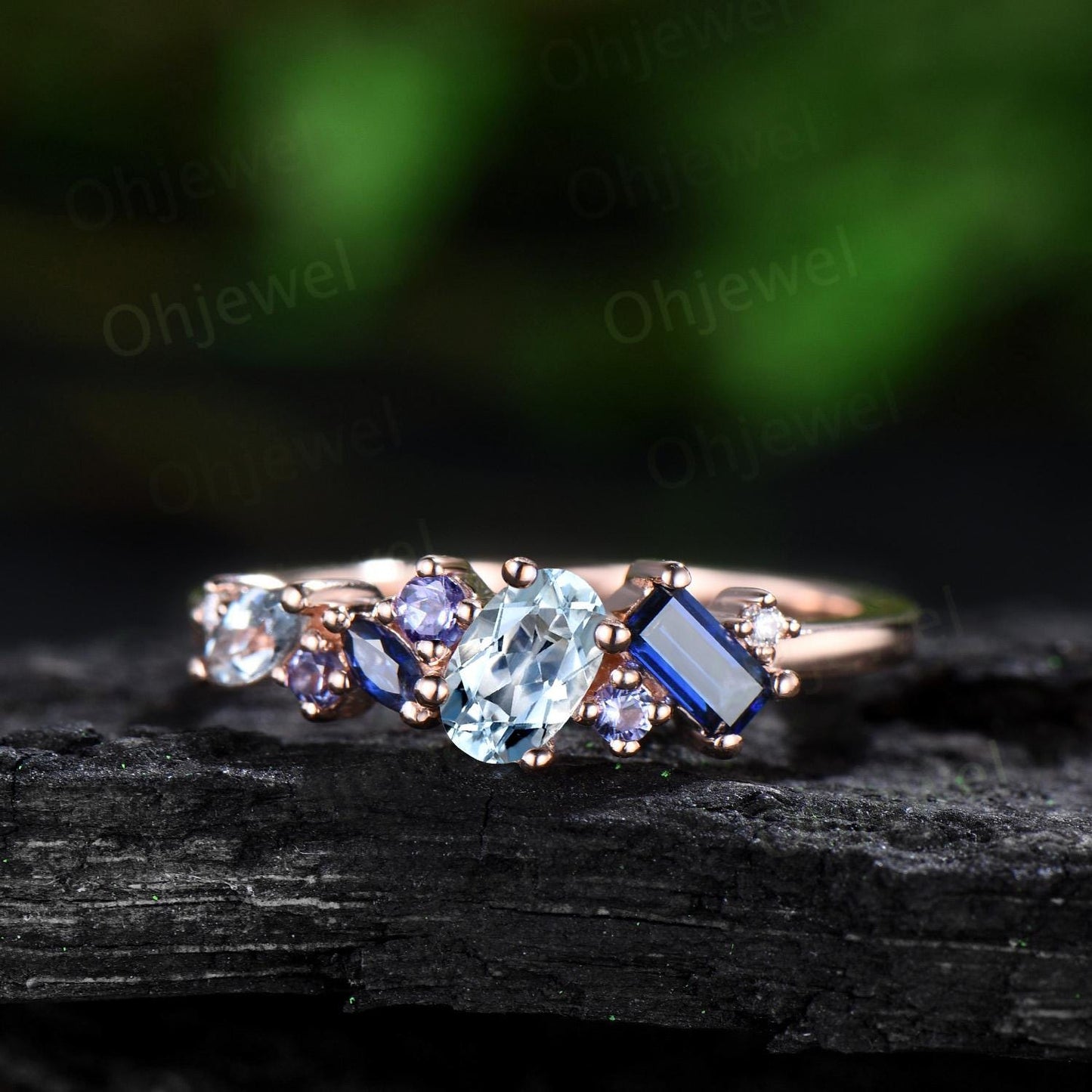 Vintage oval Aquamarine ring cluster Baguette sapphire ring dainty tanzanite ring women solid 14k rose gold anniversary wedding ring gift