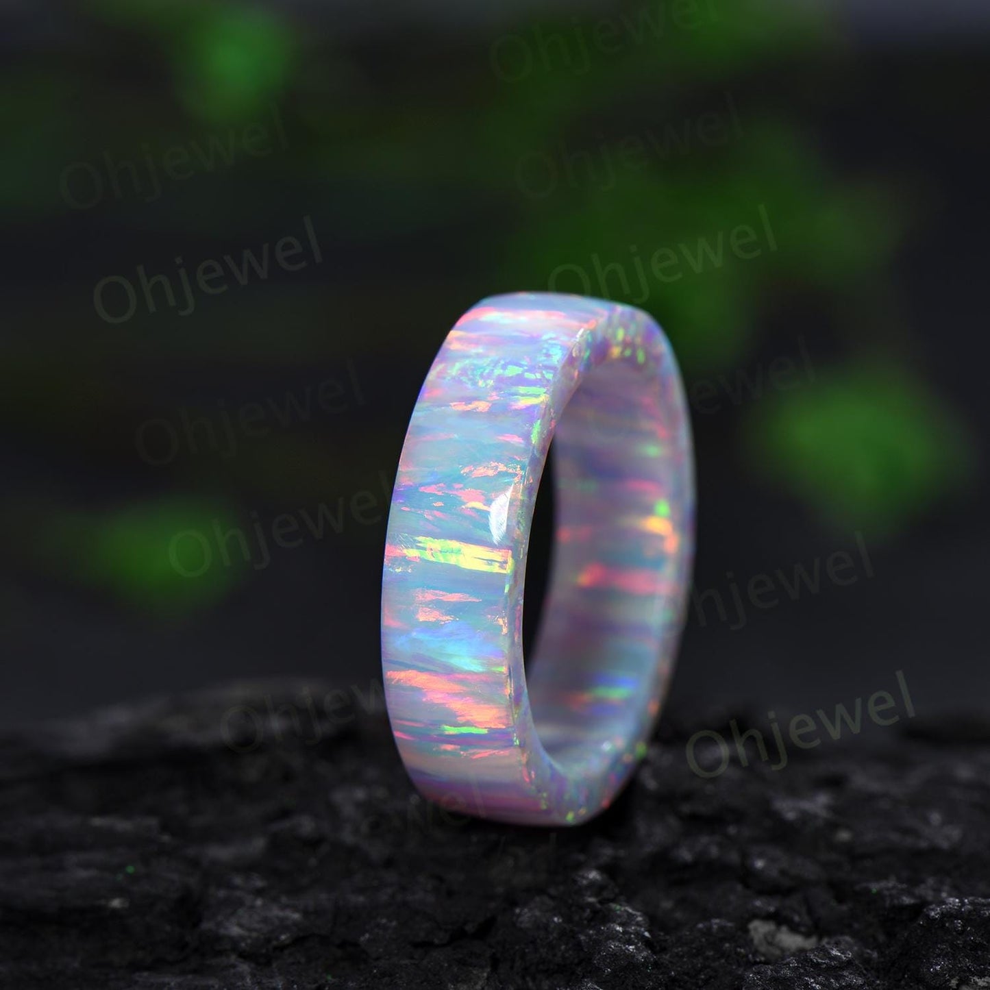 5mm White opal wedding band mens fire opal ring band anniversary gift for him her unique engagement ring women October birthstone ring